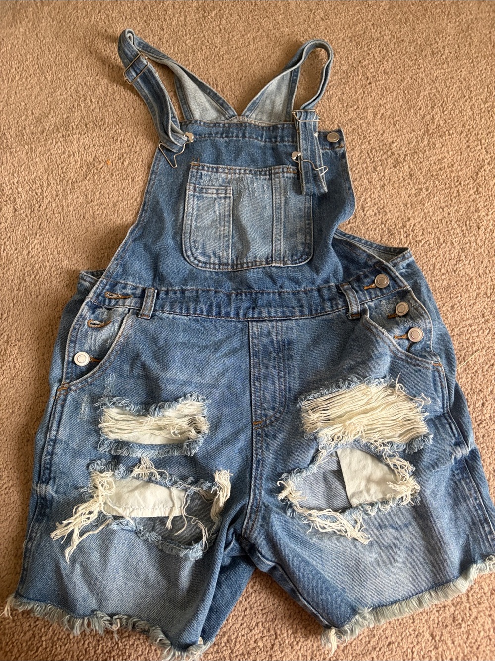 Distressed Denim Short Overalls - Blue - Picture 1 of 1